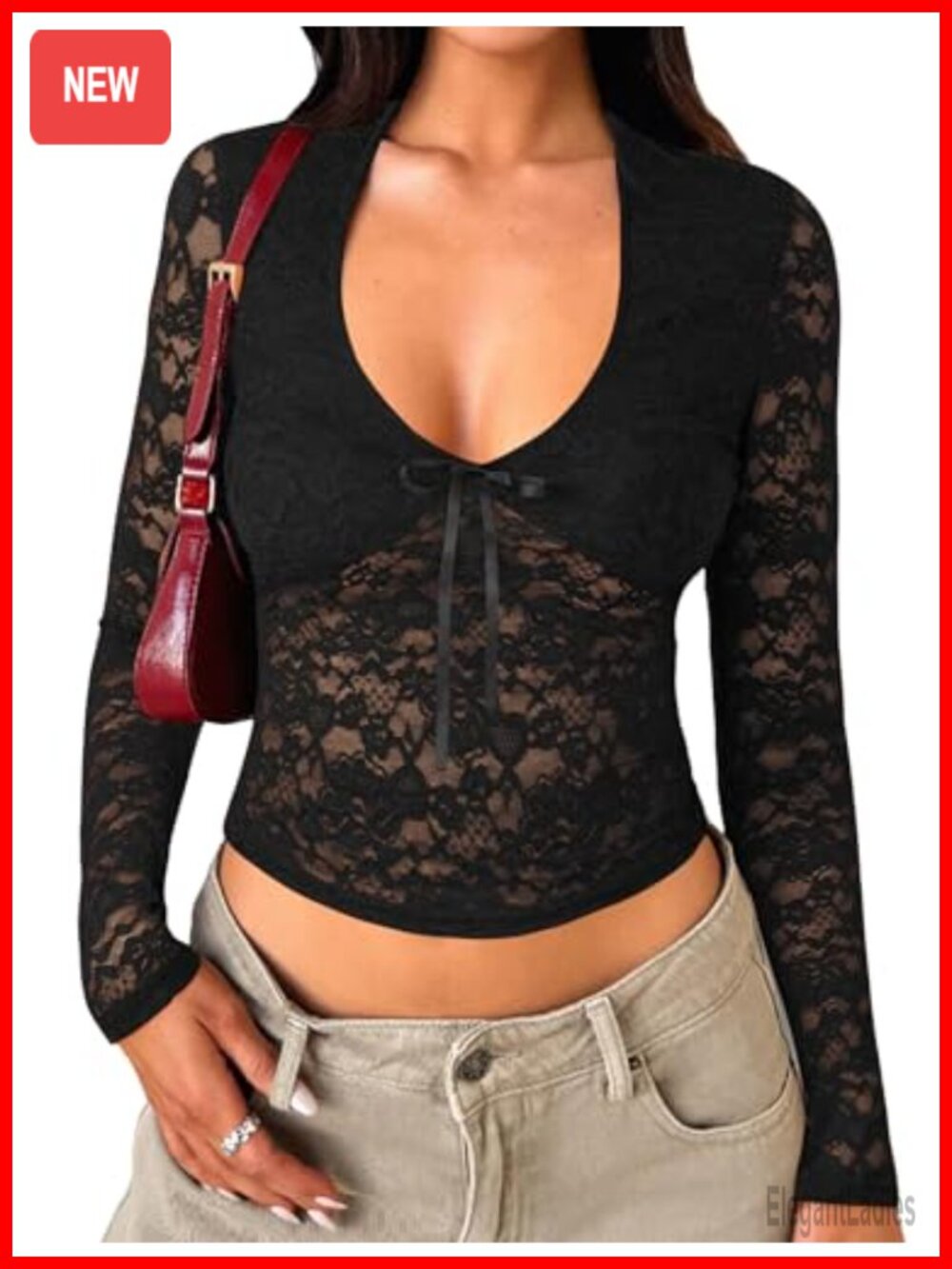 Womens Lace Mesh Long Sleeve Crop Top Y2K Deep V Neck Bow Tie